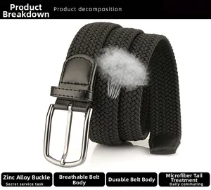 Détails d'une ceinture tressée noire extensible avec boucle en alliage de zinc et embout