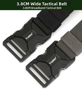 Detail of 3.8cm tactical nylon belt with quick release alloy buckle and brand logo
