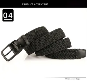 Detail of black woven elastic belt featuring durable microfiber wrapped tail design