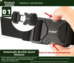 Detail of alloy quick-release tactical buckle with TUSHI logo on black nylon belt