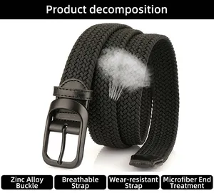 Close-up of black braided elastic belt with matte zinc alloy buckle showing breathable texture