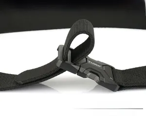 Close-up detail of heavy-duty nylon tactical belt with quick-release alloy buckle mechanism