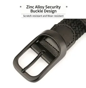 Detail of black men's woven belt with scratch-resistant zinc alloy pin buckle