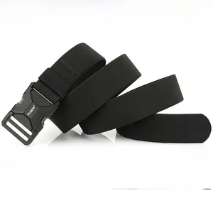 Close-up of elastic polyester tactical belt with matte black quick-release buckle