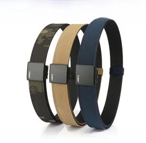 Detailed close-up of tactical nylon belts in camo, khaki, and navy with zinc alloy buckles