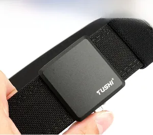 Close-up of matte black tactical buckle and heavy-duty double-layer nylon woven belt