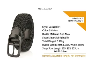 Detail showing zinc alloy buckle and 3.2cm wide woven belt strap with dimensions