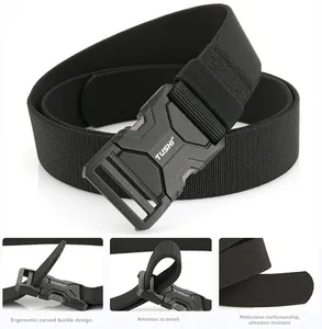 Detail showing tactical nylon belt with ergonomic quick-release buckle and weave texture