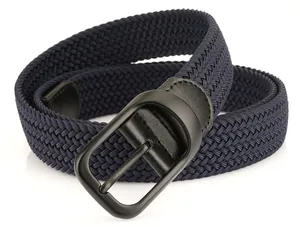 Close-up of navy blue braided elastic belt with matte black buckle and leather end