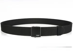 Detail of black tactical nylon belt featuring a quick release metal automatic buckle