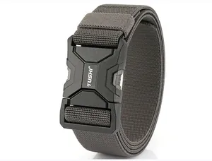Detail of military tactical nylon belt featuring quick-release alloy buckle and matte finish