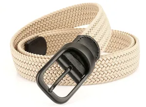 Detail of beige herringbone woven belt with black matte buckle and leather trim