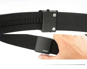 Detail of nylon tactical belt showing adjustable inner track and matte buckle release