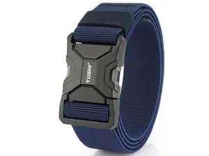 Detail of navy blue tactical nylon belt with black quick-release buckle and TUSHI logo