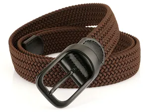 Detail of dark brown elastic woven belt featuring a matte black metal buckle and leather trim