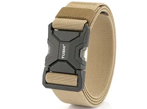 Close-up of tactical nylon belt with quick-release alloy buckle and brand logo details