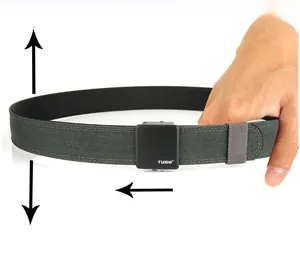 Detail of grey heavy-duty nylon tactical belt showing zinc alloy automatic buckle mechanism