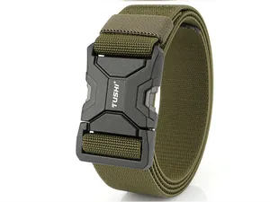 Detail of army green nylon tactical belt with black quick-release buckle and TUSHI logo