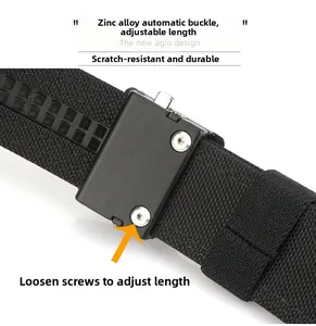 Detail of zinc alloy automatic buckle and adjustable nylon belt length via screw mechanism