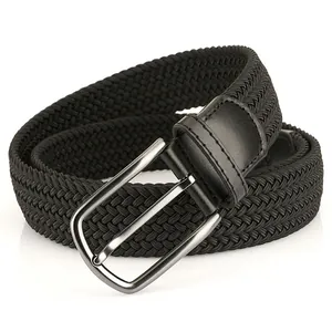 Ceinture élastique tressée noire classique avec boucle en métal argenté pour jeans