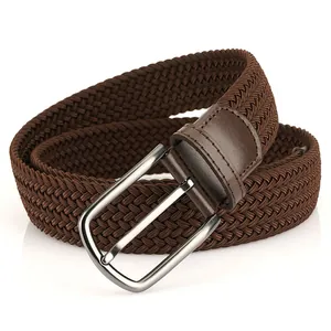 Ceinture tressée extensible marron business casual avec boucle argentée mate et cuir