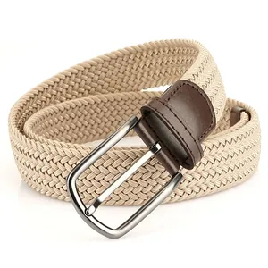 Ceinture tressée extensible beige avec boucle ardillon argentée et détails en cuir brun