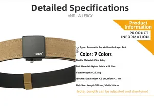 Detailed specs of khaki double-layer nylon tactical belt with zinc alloy automatic buckle
