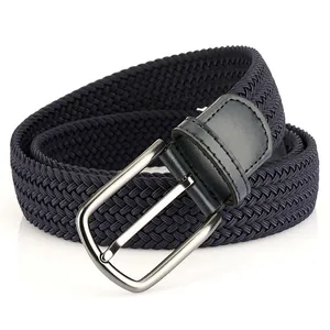 Ceinture tressée élastique bleu marine pour hommes avec boucle à ardillon argentée