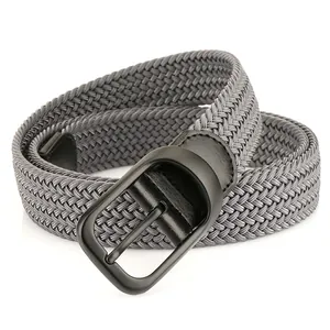 Minimalist grey elastic braided belt with matte black buckle on white background