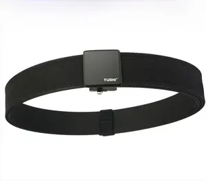Detail of black tactical nylon woven belt with matte buckle and TUSHI logo branding