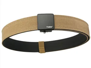 Detail of double-layer khaki nylon tactical belt with black TUSHI automatic buckle