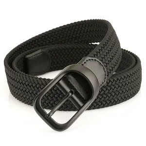 Elastic woven black golf belt for men with matte metal buckle on white background