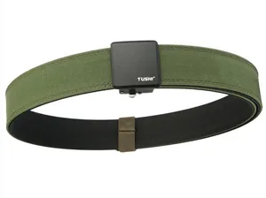 Detail of army green double-layer nylon tactical belt with black matte buckle by TUSHI