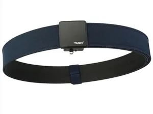 Detail of navy blue double-layer nylon tactical belt with black matte buckle and TUSHI logo