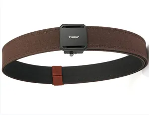 Detail of a brown double-layer tactical nylon belt with black automatic buckle and logo