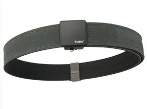 Close-up of double-layer nylon tactical belt with matte black automatic buckle detail