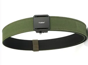 Detail view of double-layer military green tactical nylon belt with matte black buckle