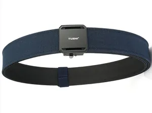Detail of navy double-layered tactical nylon belt with black automatic buckle and logo
