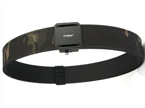 Detailed view of camo nylon tactical belt with quick-release square buckle and logo
