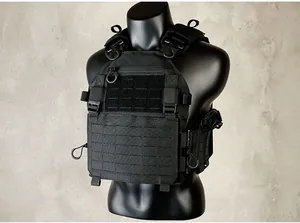 Detailed front view of black 1000D tactical vest with laser-cut MOLLE system and velcro panel