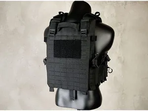 Rear view of black 1000D tactical vest featuring laser-cut MOLLE system and velcro panel