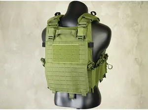 Close-up of olive tactical vest with laser-cut MOLLE system and emergency drag handle