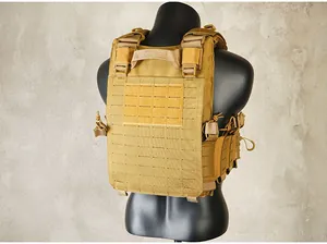 Detail of laser-cut MOLLE system and reinforced handle on Coyote Brown tactical vest