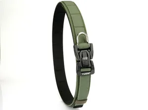 Detail of army green nylon tactical belt with durable quick-release buckle and D-ring