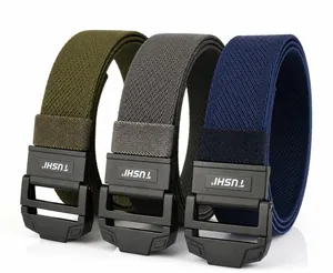 Three elastic tactical belts in military green, dark gray, and navy with zinc alloy buckles