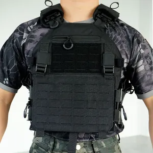 Tactical vest with laser-cut MOLLE system and adjustable straps in durable black nylon