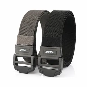 Detail of tactical nylon elastic belts with double ring buckles in black and grey