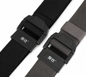 Detail of durable nylon elastic belts with dual ring buckles in black and khaki colors