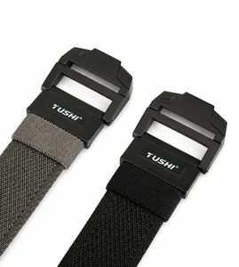 Detail shot of 3.8cm wide elastic tactical belts in black and grey with TUSHI buckle