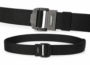 Detail shot of black stretch nylon web belt with sturdy double ring metal buckle